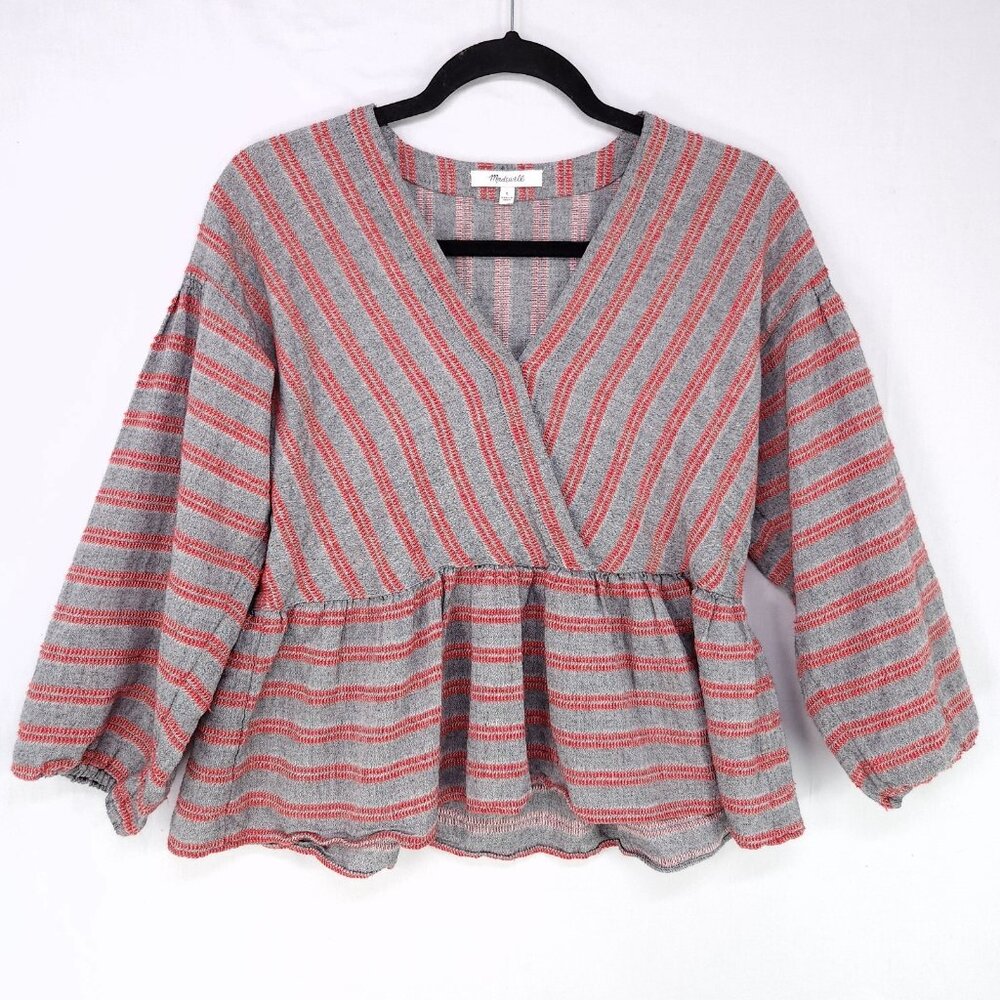 Madewell Peplum Top Size Small Women’s Blouse Gray & Red Striped Bubble Sleeve